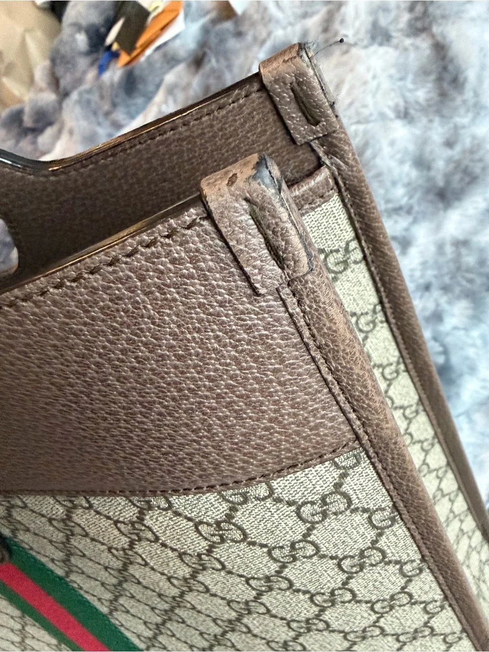 Gucci Brown Monogram tote Bag with Green & Red Web